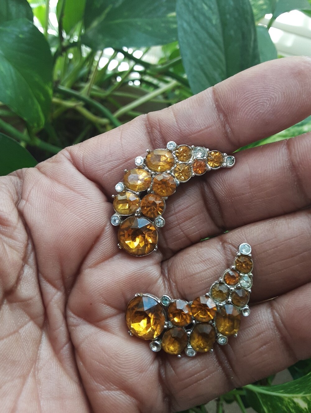 BOGOFF Ice & Amber Rhinestones Clip-On Climber Earrings - Vtg